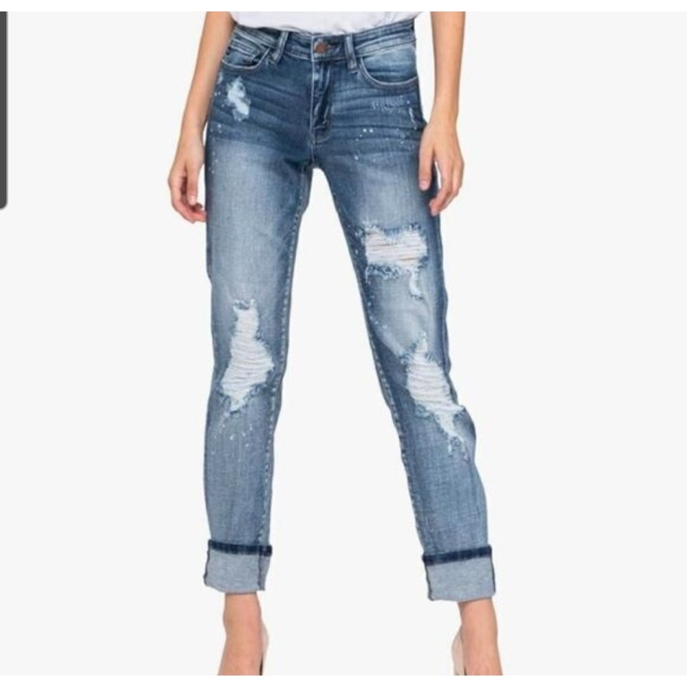Judy Blue Boyfriend Fit Splatter Paint Ripped Jeans Mid Rise Women's 5/27 Grunge